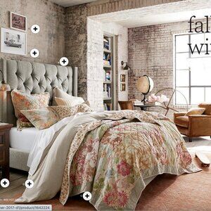 Pottery Barn Carolina Patchwork Floral Reversible Linen Cotton Quilt & 3 Shams